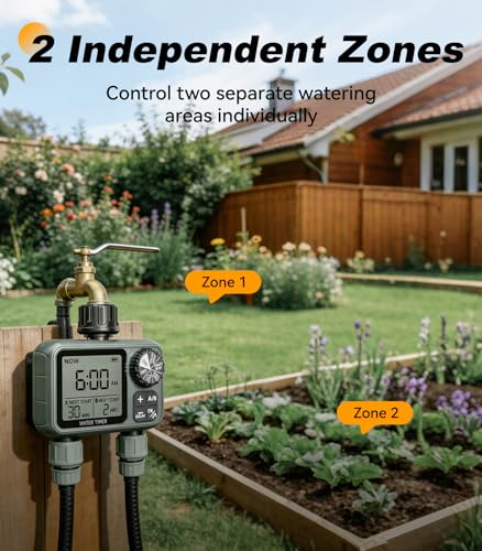 Kenkor Sprinkler Timer 2 Zone, Water Timers for Garden Hose, Brass Inlet, Programmable Hose Timer with Rain Delay/Manual Modes, Faucet Timers for Lawn, Yard