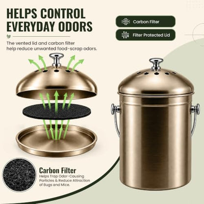 Epica Kitchen Compost Bin for Kitchen Countertops, 1.3 Galllon - Bronze - color: Bronze