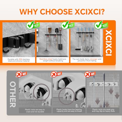 5 Grippers Broom Holder Wall Mount with 4 Hooks Stainless Steel, Black - color: C-Black, size: 5PCS Gripper