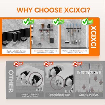 5 Grippers Broom Holder Wall Mount with 4 Hooks Stainless Steel, Black - color: C-Black, size: 5PCS Gripper