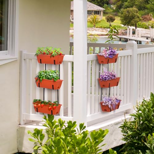 OYEAL Hanging Flower Pots for Railing Fence Outdoor Window Boxes Planter with Adjustable Hooks, Set of 2 Deck Rail Planters with 6 Detachable Plastic Planter Boxes, Drainage Holes, Brick Red - color: Brick Red