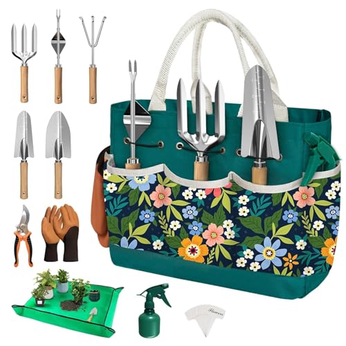22Pcs Gardening Tools Set for Women Heavy Duty Garden Hand Tools Kit Birthday Gifts for Mom Wife Grandma Beginner Gardening Accessories with Tote Bag/Shovels/Repotting Mat/Plant Labels/Gloves - color: Dark Green