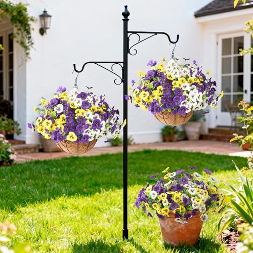 INQCMY Fake Artificial Pansy Flowers Plants for Outdoors UV Resistant - color: Deep Purple, Yellow, White