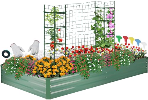 ONCEMORE Galvanized Raised Garden Bed for Vegetables Flowers Herbs, Metal Raised Garden Bed Kit with 2 PCS Tomato Cage, Gloves, Trellis Netting, Plant Labels, Plant Ties, Green 6×3×1FT - color: Green, size: 6x3x1 FT