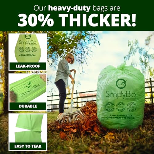 Simply Bio 30-33 Gallon Compostable Trash Bags Liners Flat-Top, Heavy Duty Extra Thick 1.57 Mil, 124.92 Liter, 30 Bags, Lawn, Yard, and Restaurant Use, ASTM D6400, US BPI, OK Compost Home Certified - size: Pack of 30, style: Flat-Top (33 Gal, 1.57 mil)