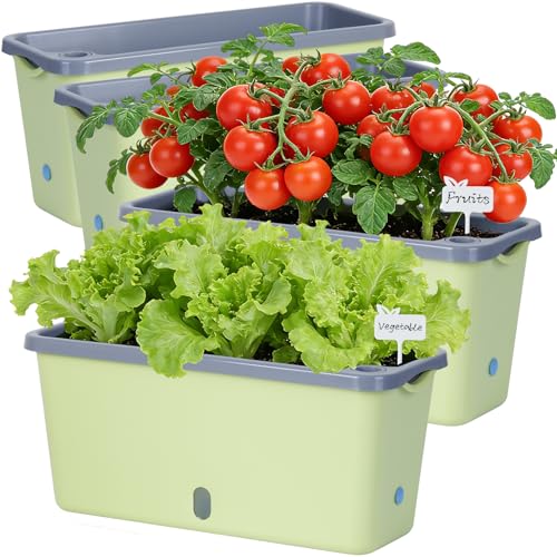 Oliz Window Box Planter 4 Packs, 14 Inches Rectangle Flower Pots with Breathable Drainage Holes, Pots for Vegetables, Herbs, Flowers, Garden Windowsill Balcony (Green & Grey) - color: Green & Grey