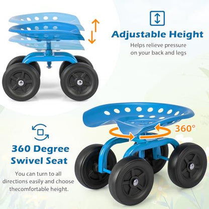 ERGOMASTER Garden Seat with Wheels, Adjustable Height & 360° Swivel, Iron Frame, Blue - color: Blue