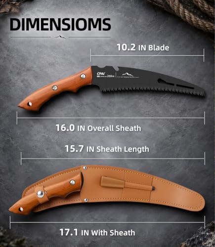 S53 Curved Pruning Saw, 10-Inch SK85 Steel Hand Saw with Triple-Ground Teeth, Rosewood Handle, Protective Leather Sheath and Fire Starter for Tree Trimming, Camping, Gardening, Bushcraft