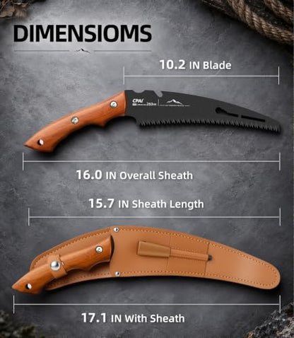 S53 Curved Pruning Saw, 10-Inch SK85 Steel Hand Saw with Triple-Ground Teeth, Rosewood Handle, Protective Leather Sheath and Fire Starter for Tree Trimming, Camping, Gardening, Bushcraft