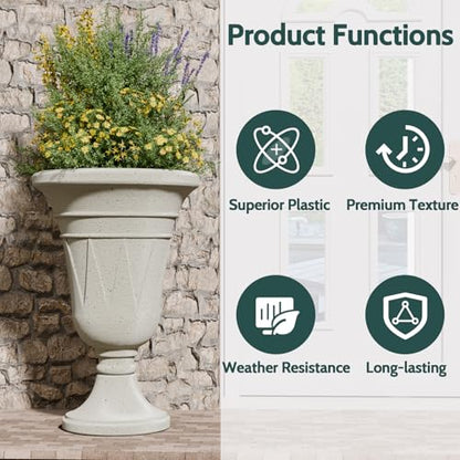 Tall Plastic Urn Planters and Pedestal - 24" Outdoor Planter Beige - color: White-trophy