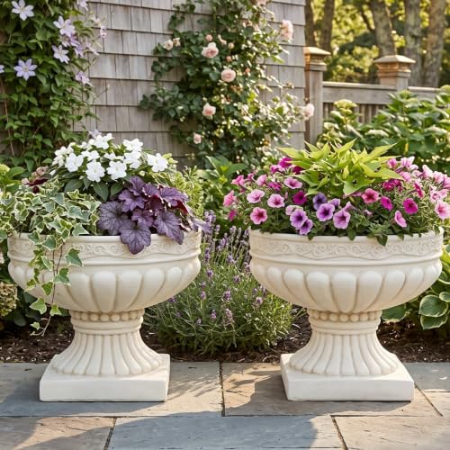 Christopher Knight Home Lina 15.94" H Classical Urn Planters Set of 2, MGO Outdoor Flower Pots, Weather-Resistant Outdoor Planters Set, Scroll & Fluted Pedestal Planter Pot, Antique White - color: Antique White (B), size: Set Of 2