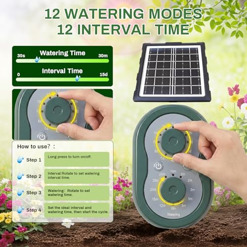 50FT Solar Automatic Drip Irrigation Kit System, Smart Self-Watering System with USB Charging for Outdoor Indoor Use, 2200mAh Automatic Watering System Supports 15 Pots for Garden, Balcony & Patio