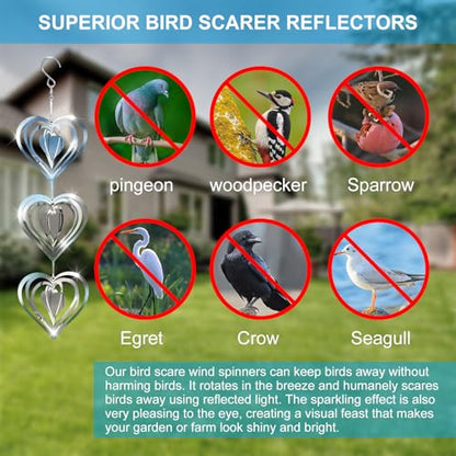 Love Stainless Steel Bird Scarer Discs Set, 3D Reflective Helix Wind Spinners Bird Reflector Sparkly Metal Outdoor Garden Décor Sculpture Ornament, Deterrent to Scare Pigeon Away from Yard Patio Farm