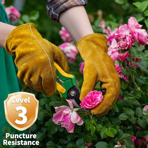 Leather Gardening Gloves for Men Women: Thorn Proof Cowhide Work Gloves - color: Yellow ( Pack of 1 ), size: X-Large