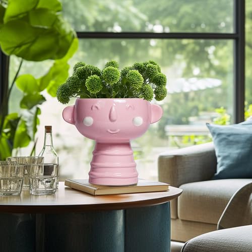 Smiley Face Planter - 7 Inch Ceramic Head Planter for Indoor Outdoor Plants, Cute Succulent Pots with Drainage Hole, Decorative Flower Pots, Home Room Desk Decor, Birthday Gifts, Bright Pink - color: Bright Pink-boy