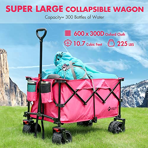 VILLEY Collapsible Folding Wagon with Big Wheels, Enlarged 225lbs Capacity, All Terrain Wagons Carts Heavy Duty Foldable, Portable Utility Garden Cart with 2 Cup Holders and Brake, Pink. - color: Pink