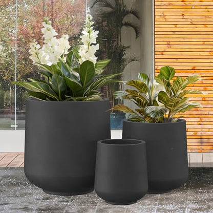 Kante Set of 3 Black Concrete Curved Planters 16.5" 13" 9.4" Dia - color: Burnished Black, size: Set of 3: 15.3" + 11.6" + 8.2" D