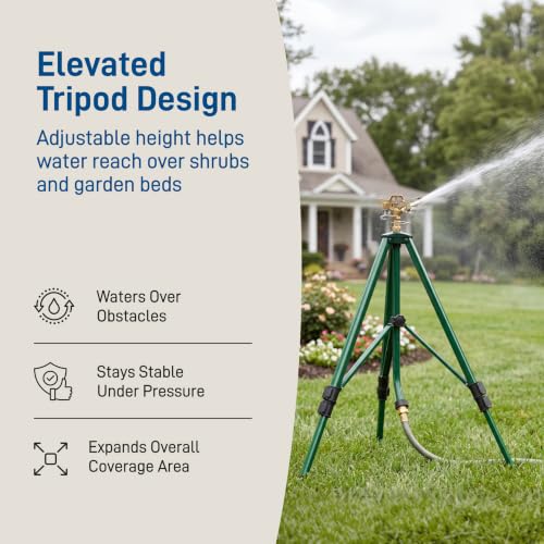 Orbit 1/2 Inch Brass Impact Sprinkler - Adjustable Metal Tripod - Long Range Lawn Watering System - 360 Degree Rotating Sprinkler - Heavy Duty Irrigation System - Adjustable 22-48 Inch Height - 58308 - style: Brass Impact Sprinkler
