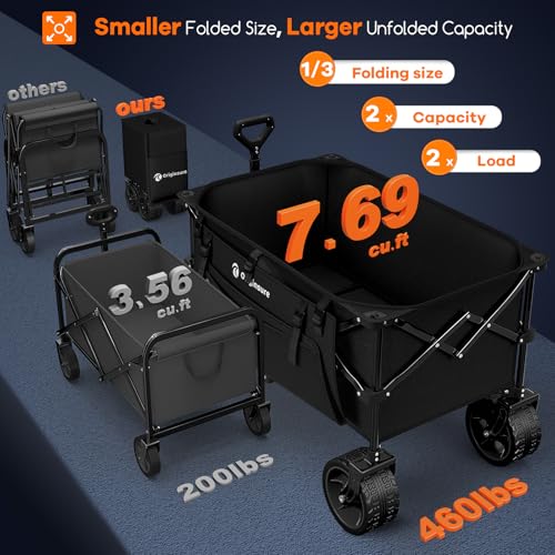 Originsure 220L Collapsible Beach Wagon Cart with Big Wheels, 460lbs, Black - color: A-black
