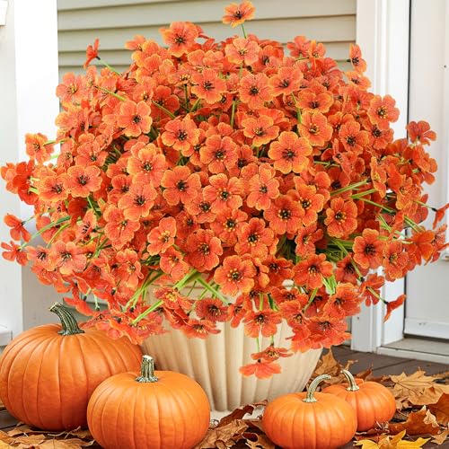24 Bundles Artificial Mums for Outdoors Decor, UV Resistant Fall Flowers - color: Orange, size: 24 PCS