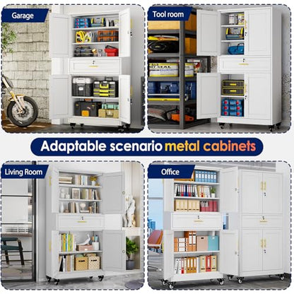 erosoei 75" H Metal Garage Storage Cabinet, Rolling Tool Cabinet - color: White, size: 75"-Drw