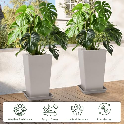 Neoaider Set of 2 Tall Planter, 21 inch Large Plastic Planter, Light Gray - color: Light Gray