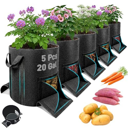 Mulctun 5Pcs 20 Gallon Potato Grow Bags, Grow Bags with Harvest & Visible Windows,Potato Bags for Growing Potatoes with Sturdy Handles,Potato Growing Containers for Growing Potatoes Vegetables - size: 5 Pcs