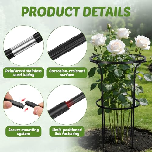 VICAMB 3 Pack Large Peony Cages and Supports,28" H x 17" D Grow Through Plant Support Rings,Plastic Rings with Stainless Steel Core Stakes for Peonies,Roses and Top-Heavy Blooms