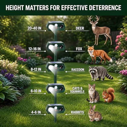 Animal & Squirrel Repellent Outdoor 2 Pack, Solar Ultrasonic Raccoon Deer Deterrent with 110° PIR Motion Sensor, 13.5–45.5 kHz Variable Frequency, White Flashing Light, IP65 for Garden Yard Lawn