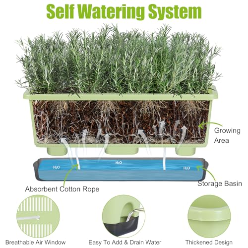 Window Box Planter 4 Packs, 17 Inches Rectangle Flower Pots with Drainage Holes & Trays, Pots for Vegetables, Herbs, Flowers, Garden Windowsill Balcony (Light Green, 17 * 5.1 * 6 inch) - color: Light Green