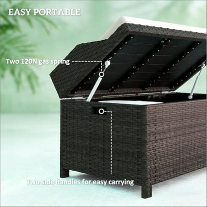40" Outdoor Wicker Storage Bench, 34 Gallon Deck Box with Cushion, Coffee - color: Coffee,cream White