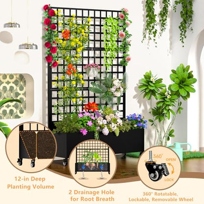 MTART Metal Planter Box with Trellis, 72"x47"x16" Outdoor Galvanized Raised Garden Bed with Privacy Screen & Drainage Holes & Lockable Casters for Climbing Plants, Vegetable, Vines (Black-Grid) - color: Black-grid