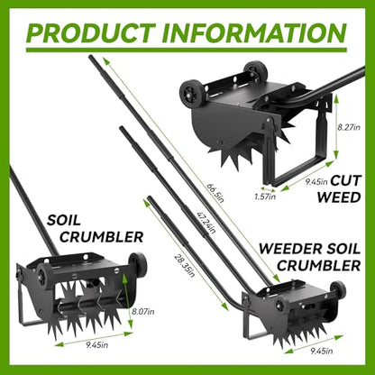 Lineware 9-Inch Lawn Aerator with Steel Handle,Heavy Duty Push Spike Aerator with 2 Wheels,Aerator Lawn Tool, Manual Aerator Lawn Tool with Foam Armrests, Suitable for Lawn, Garden and Yard