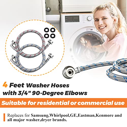 【UPGRADED】4FT Stainless Steel Washer Hoses with 90 Degree Elbows by Beaquicy - 2 Pack No-Lead Burst Proof Hot & Cold Water Connection Inlet Washer Supply Lines - size: 4 Feet