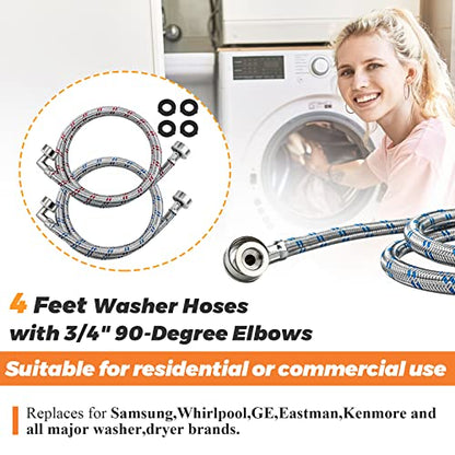 【UPGRADED】4FT Stainless Steel Washer Hoses with 90 Degree Elbows by Beaquicy - 2 Pack No-Lead Burst Proof Hot & Cold Water Connection Inlet Washer Supply Lines - size: 4 Feet