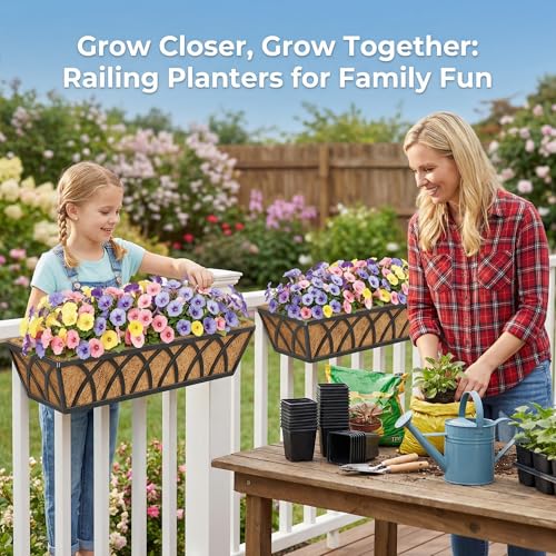 HFHOME 24 inch Railing Planter Box - 4 Pack Metal Window Trough with Coconut Coir Liners, Flower Basket for Deck Railings Balcony or Porch to Display Plants and Flowers - size: 24 Inch 4-Pack X-Pattern