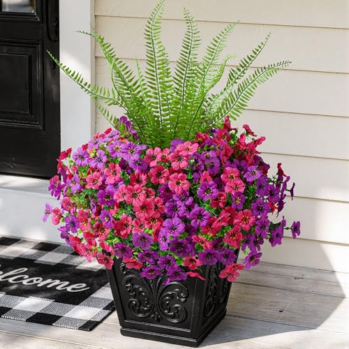 HyeFlora Artificial Faux Outdoor Flowers Plants for Spring Summer Decoration, 14 Bundles Fake Silk Colorful Daisy Ferns UV Resistant Realistic for Home Porch Patio Yard Window Box (Purple Fuchsia) - color: Purple Fuchsia