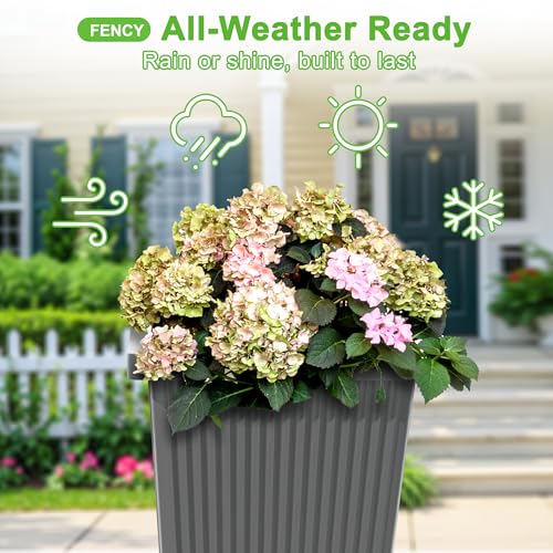 FENCY Set of 2 Tall Planters for Outdoor Plants, Gray Ribbed - color: Gray-square Ribbed