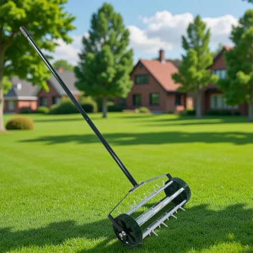Rolling Lawn Aerator, 57" Manual Push Spike Aerator with 1.4" Rolling Spikes, Heavy Duty Lawn Aeration Tool, Galvanized Steel Soil Aerator for Garden Yard Grass, Lawn Care and Landscaping
