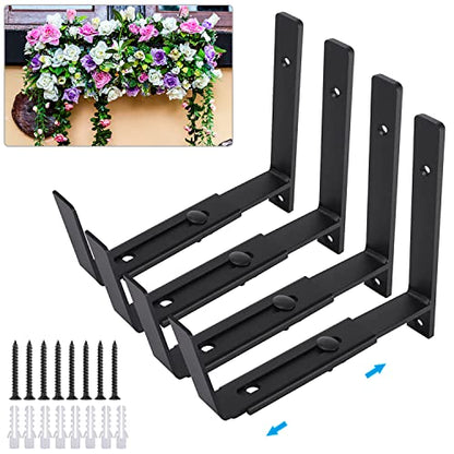 Flower Window Box Bracket Adjustable Planter Box Bracket 4 Pack,Heavy Duty Wall Mount Flower Box Holder for Planter Box Depth (Front to Back) 6 to 12 Inches, Black