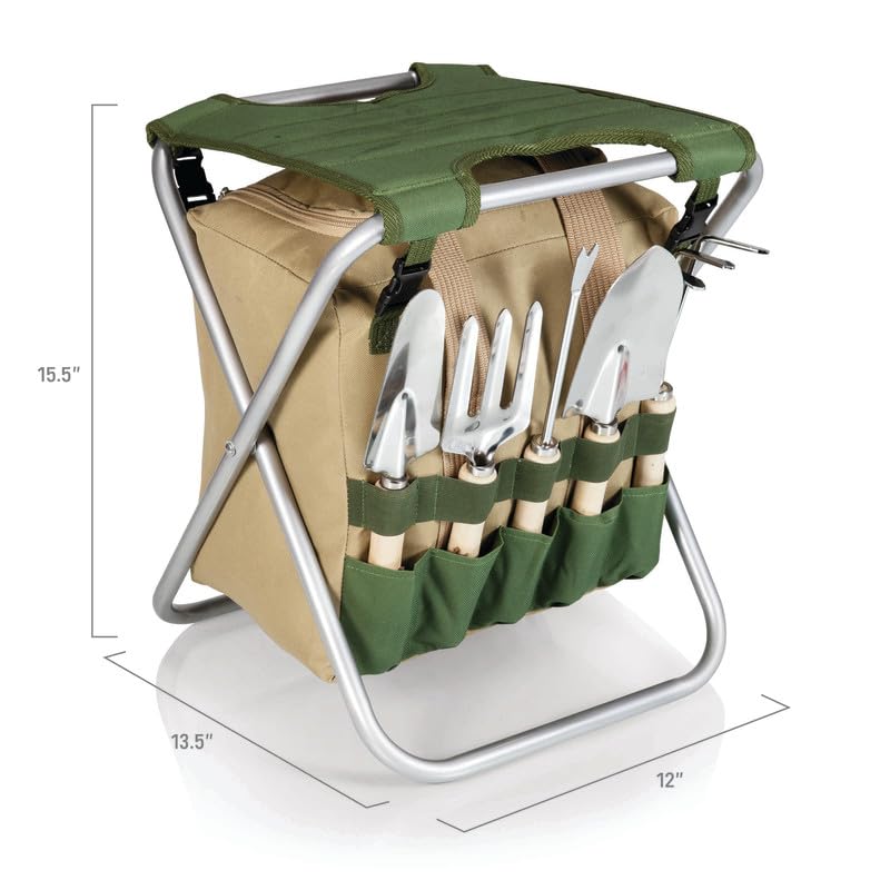 PICNIC TIME Disney Mickey Mouse Gardener Folding Seat with Tools, Folding Garden Stool with Detachable Tote and Hand Tool Set Organizer, Portable Gardening Chair, (Olive Green with Beige Accents) - color: Disney Mickey Mouse - Olive Green With Beige Accen