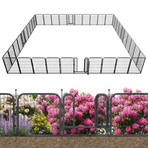 Decorative Garden Metal Fence 92ft (L)×40in (H) with 35 Panels 5 Gates Outdoor, No Dig Rustproof Wire, Animal Barrier Fencing for Outdoor Yard Patio Flower Bed,（Black-Silver） - size: 40in(H)x92ft(L)