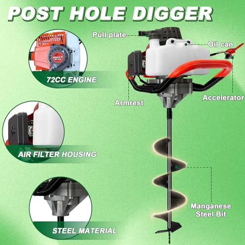 72CC Auger Post Hole Digger, 2 Stroke Gas Powered Earth Post Hole Digger with 3 Auger Drill Bits(3" & 5"& 8") + 2 Extension Rods(24"& 24") for Farm Garden Plant, Orange
