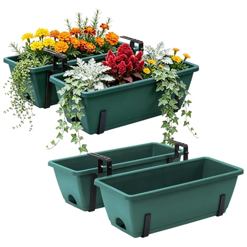 4-Pack Railing Planter Boxes with 2 Sets Double-Sided Adjustable Brackets - color: Green