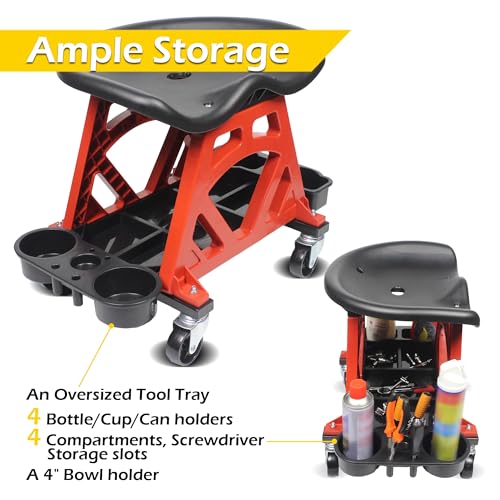 MaxWorks 50957 Ergonomic Seat Mechanic Stool Chair 22.9" L x 13.9" W x 17" H, with 4pcs 2.5" Swivel Casters, with Tool Tray for Workshop, Garage, Auto Repair - 300 Lbs Capacity - style: Ergonomic
