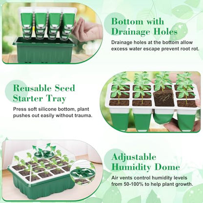 Reusable Silicone Seed Starter Tray, 60 Cells Seed Starter Kit with Humidity Adjustable Dome and Lid, Plant Germination Trays with Repotting Mat 5 Packs Germination Kit for Seeds Grow Starting