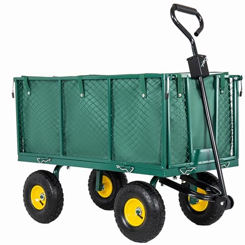 Oversized Steel Dump Garden Cart, 4-in-1 Pullable Mesh Metal Garden Cart, 880lbs All-Terrain Utility Cart with Removable Liner & Side Panels & Mesh Tray for Outdoor Lawn, Patio and Landscaping (Green) - color: Green