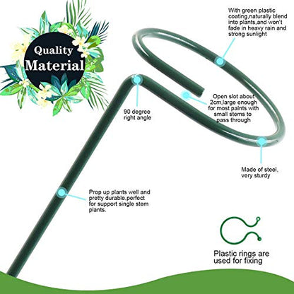 HiGift 5 Pack Plant Support Stakes, Garden Single Stem Flower Support Stick Metal Amaryllis Plant Cage Support Rings with 10pcs Plant Clips for Orchid Lily Peony Rose Stem (40 cm/16 inch Long) - size: 16 Inch-5 Pack