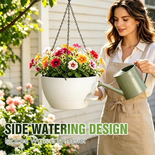 12 Inch Large Self Watering Hanging Planters 2 Pack with Saucers - color: White, size: 12 Inch 2 Pack