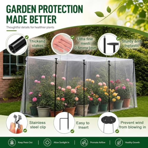 Large 10x20ft Garden Netting Kit for Raised Beds with Metal Support Stakes